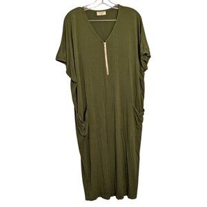 Dwell + Slumber Olive Green V-Neck Caftan Dress Pockets Half-Zip XL sz 18